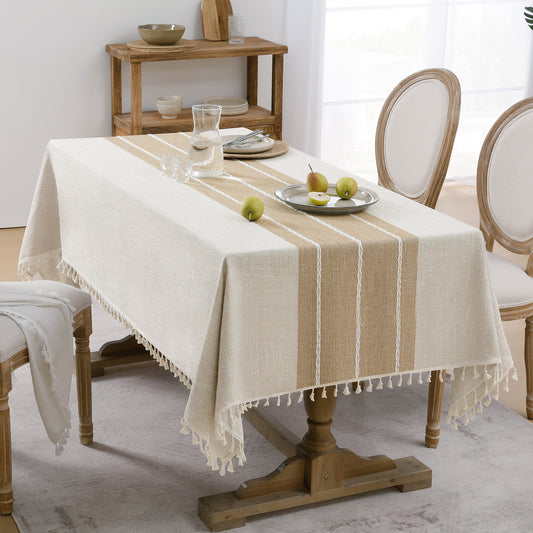 Wrinkle-Resistant and Waterproof Cotton Blend Tassel Tablecloth in Coffee Lines