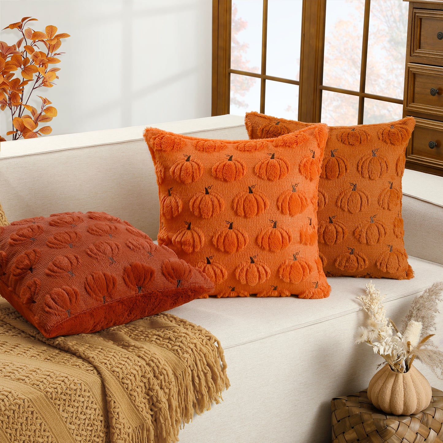 Thanksgiving Fall Harvest Pumpkin 3D Embroidery Pillowcases Cover in Rust