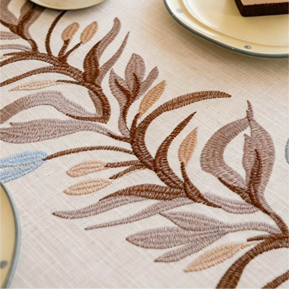Polyester-Cotton Blend Embroidered Coffee Brown Banana Leaf Tablecloth
