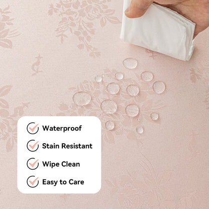 Polyester Jacquard Waterproof Elegant Damask Rose Floral Pattern Tablecloth in Light Pink