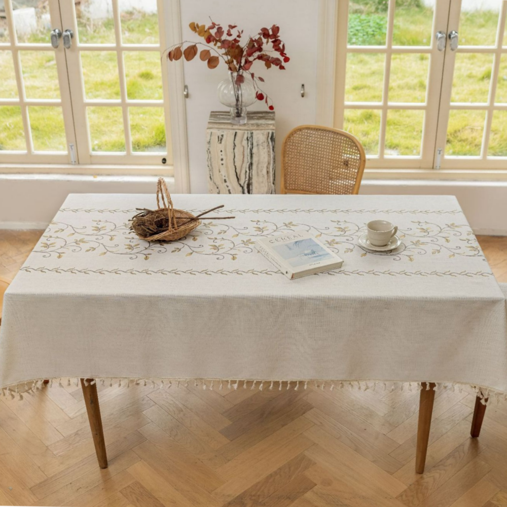 Polyester-Cotton Blend Embroidered Yellow Mimosa Tablecloth