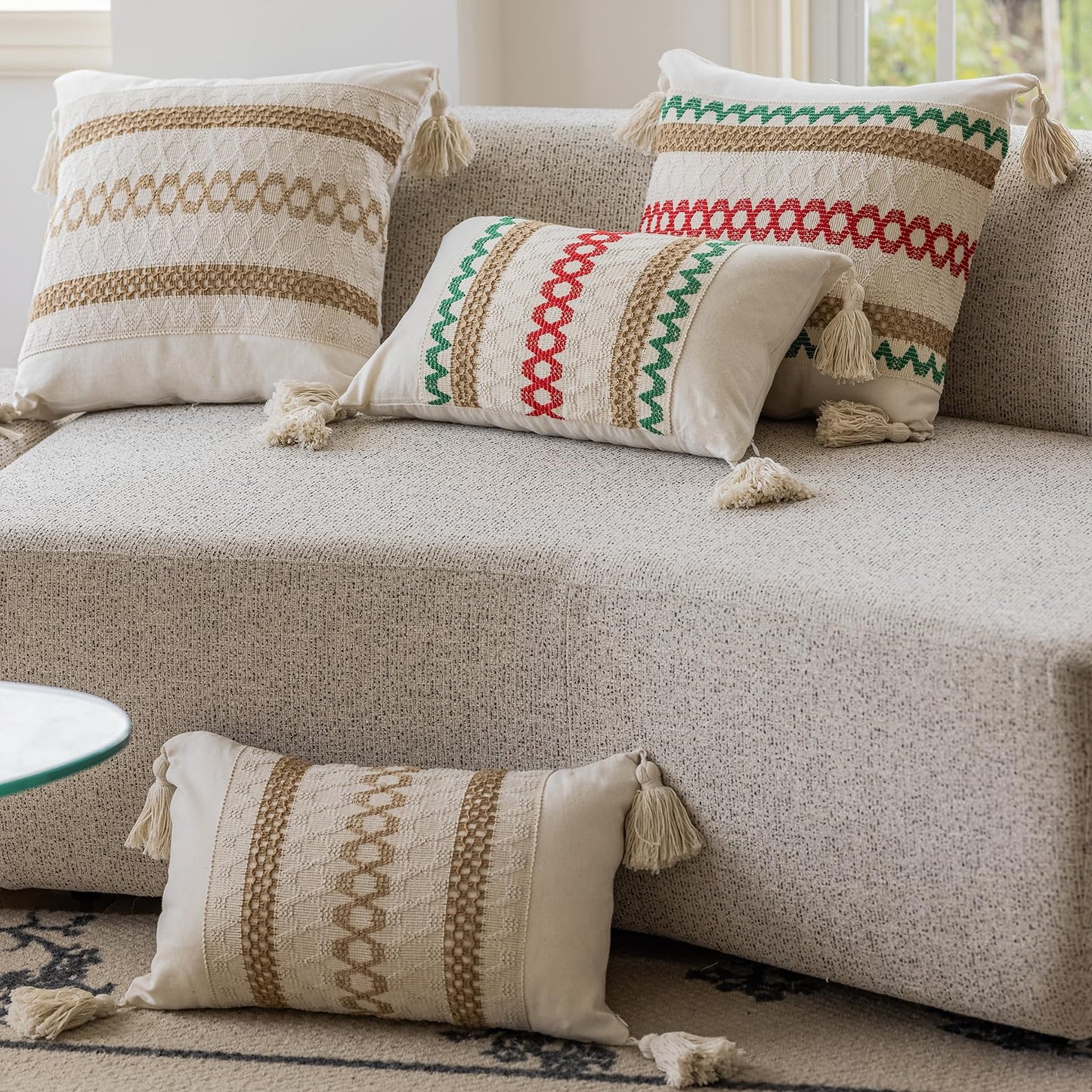 Bohemian neutral triple striped pillowcases with tassels