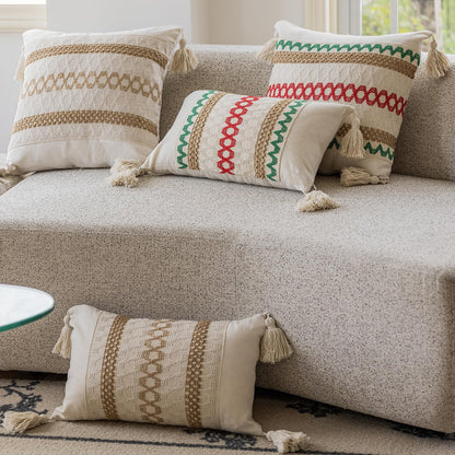 Bohemian neutral triple striped pillowcases with tassels