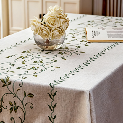 Polyester-Cotton Blend Embroidered Green Mimosa Tablecloth