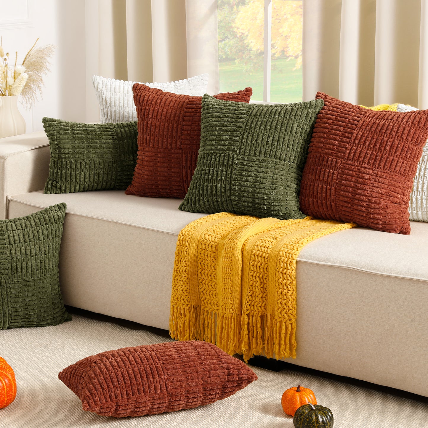 Soft Corduroy Puffy Irregularly Stripe Pattern Pillowcases in Rust