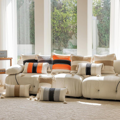 Bohemian neutral striped pillowcases with tassels