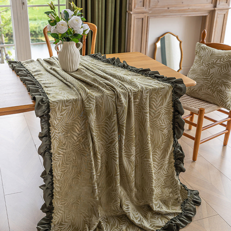 Green-based White-leaf Jacquard Tablecloth with Appliqué Lace Trim