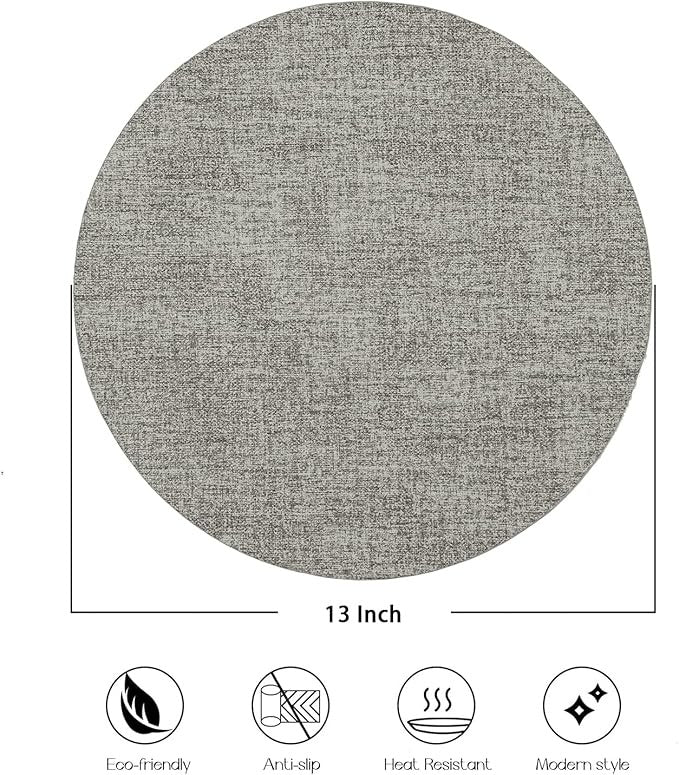 Polyurethane Linen-textured 100% Waterproof Oil-Proof Wipeable Heat Resistant Round Placemats Set in Light Grey