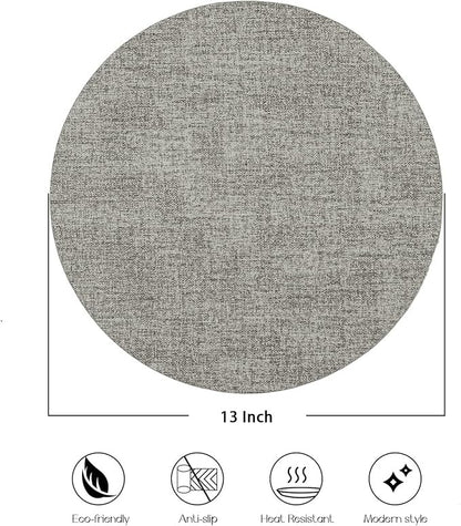 Polyurethane Linen-textured 100% Waterproof Oil-Proof Wipeable Heat Resistant Round Placemats Set in Light Grey