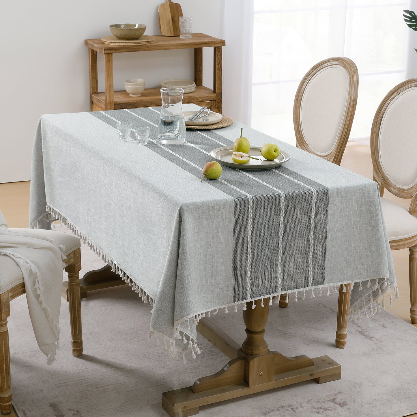 Wrinkle-Resistant and Waterproof Cotton Blend Tassel Tablecloth in Grey Lines