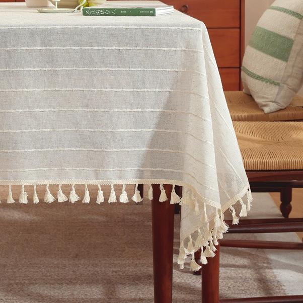 Polyester linen blend horizontal stripe tassel tablecloth
