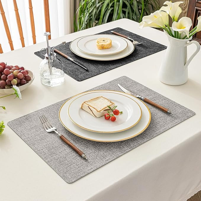 Polyurethane Linen-textured 100% Waterproof Oil-Proof Wipeable Heat Resistant Placemats Set in Dark Grey and Light Grey