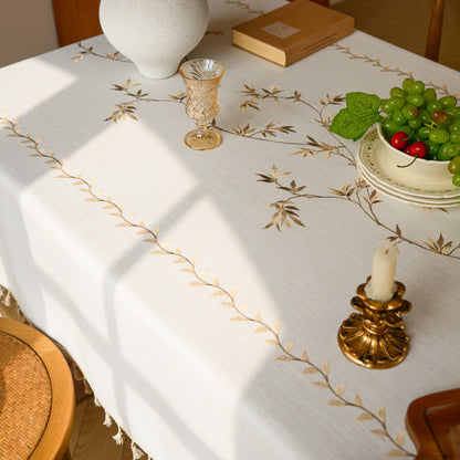 Polyester Embroidered Gold Bamboo Leaf Tablecloth