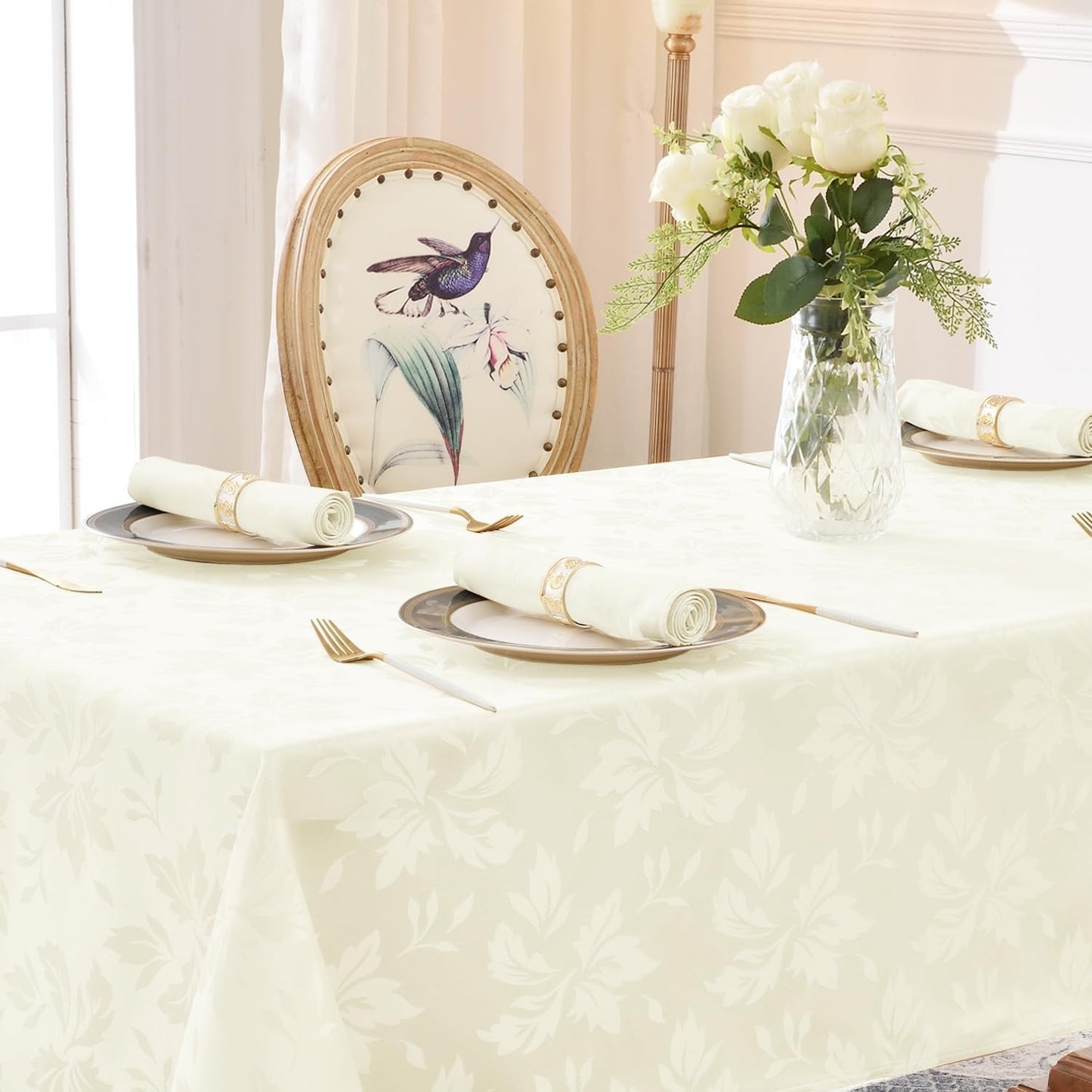 Polyester Jacquard Waterproof Damask Floral Pattern Tablecloth in Ivory