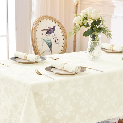 Polyester Jacquard Waterproof Damask Floral Pattern Tablecloth in Ivory