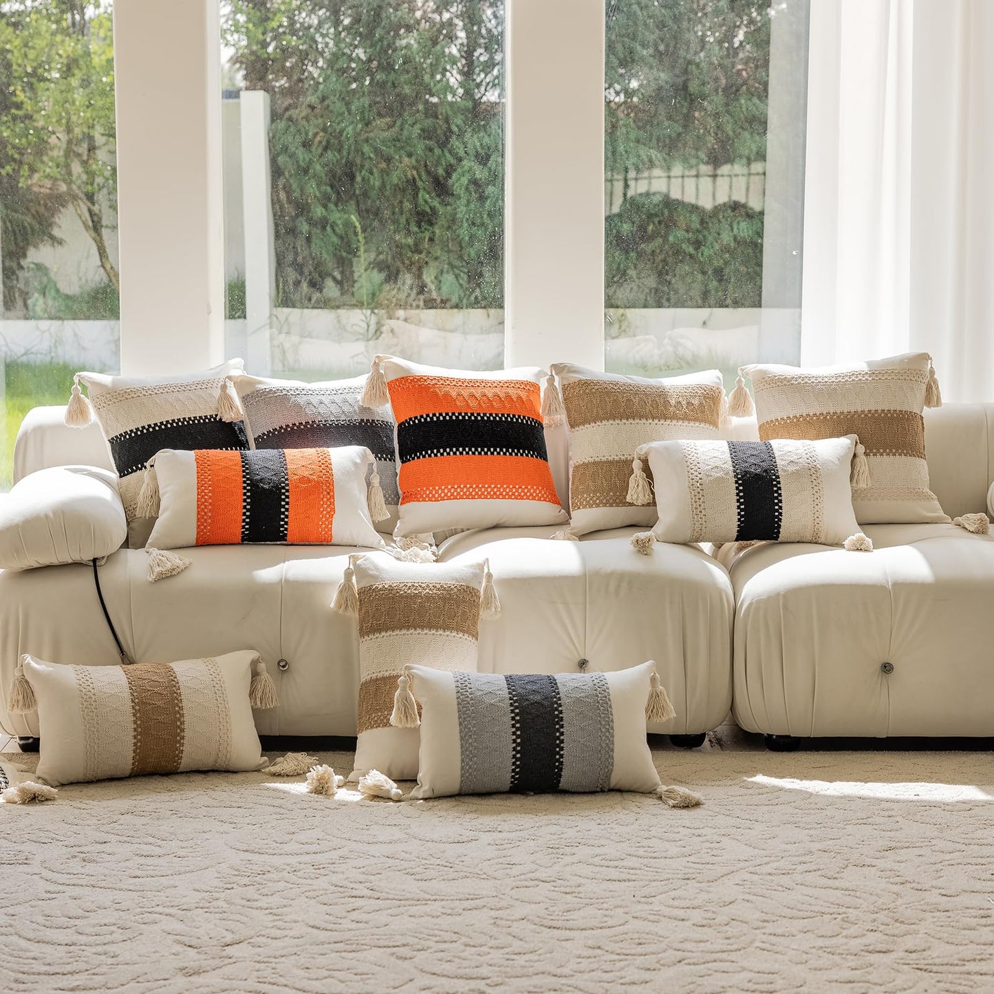 Grey three-stripe pillowcases with tassels