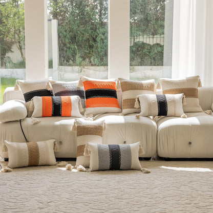 Grey three-stripe pillowcases with tassels