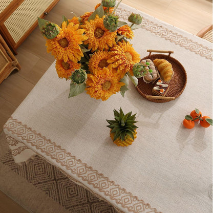 Polyester linen geometric side embroidered tablecloth
