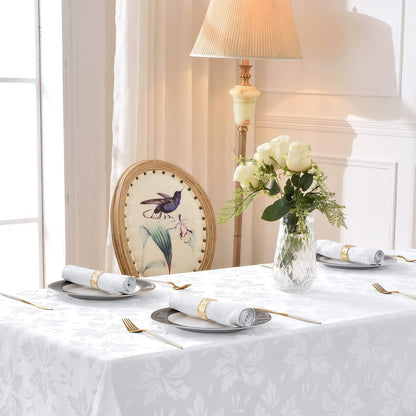 Polyester Jacquard Waterproof Damask Floral Pattern Tablecloth in White