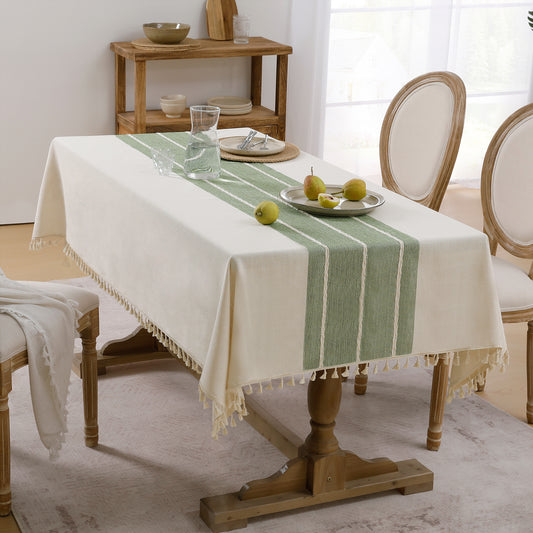 Wrinkle-Resistant and Waterproof Cotton Blend Tassel Tablecloth in Sage Lines