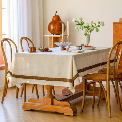 White Polyester Linen Tablecloth with Brown Tassel Lace
