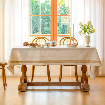 White Polyester Linen Tablecloth with Brown Lace