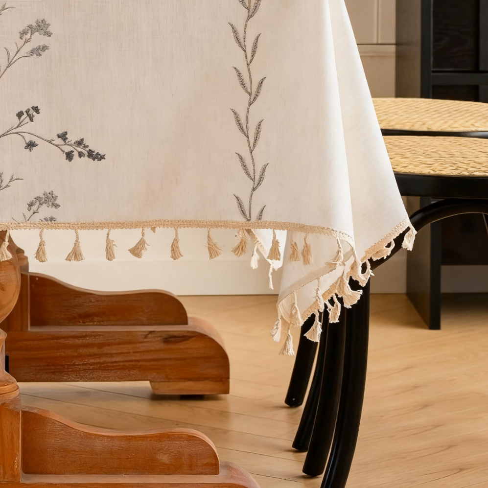 Cotton-Linen Embroidered Grey-blue Floral Tablecloth