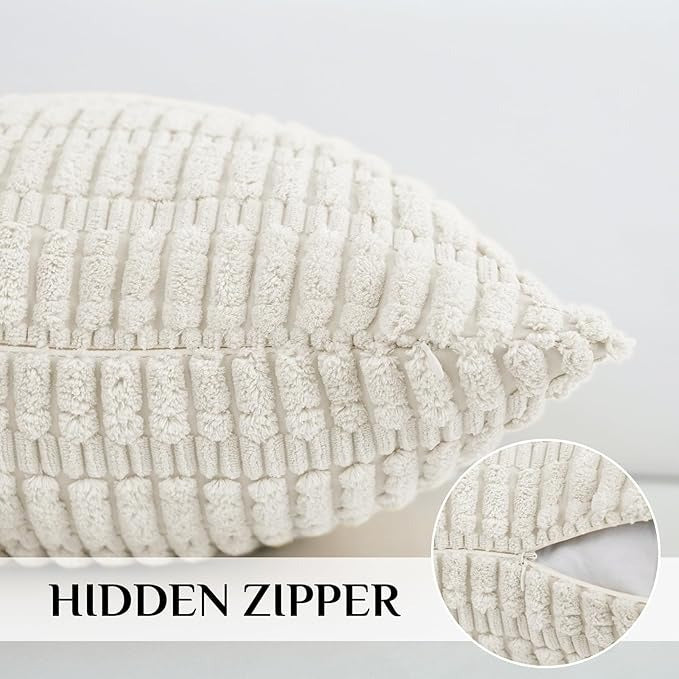 Soft Corduroy Puffy Stripe Pattern Pillowcases in Cream