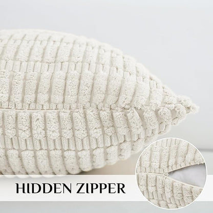 Soft Corduroy Puffy Stripe Pattern Pillowcases in Cream