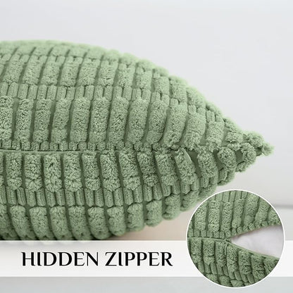 Soft Corduroy Puffy Stripe Pattern Pillowcases in Green
