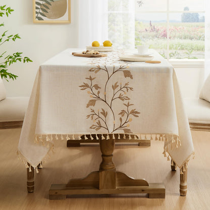 Polyester Branches Embroidery Tablecloth with Tassels in Gold