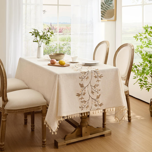 Polyester Branches Embroidery Tablecloth with Tassels in Gold