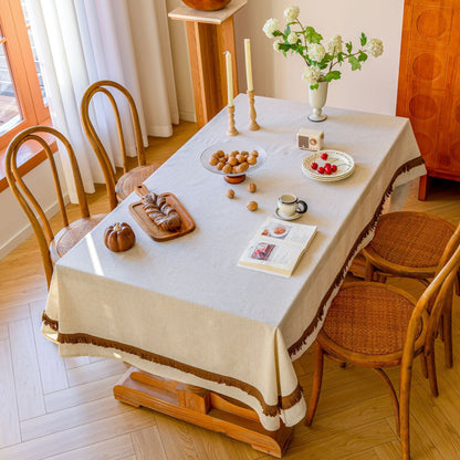 White Polyester Linen Tablecloth with Brown Tassel Lace