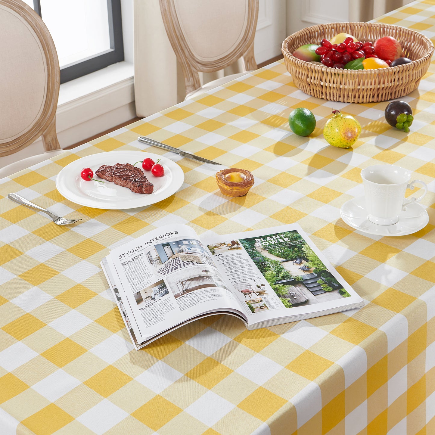 Polyester Waterproof And Stain Resistant Buffalo Check Tablecloth in Yellow and White