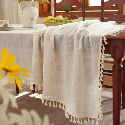 Polyester linen blend multi-strand tassel tablecloth