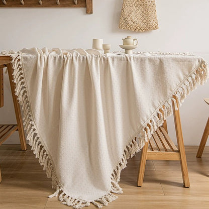 Cotton-linen tablecloth with tassels in Beige