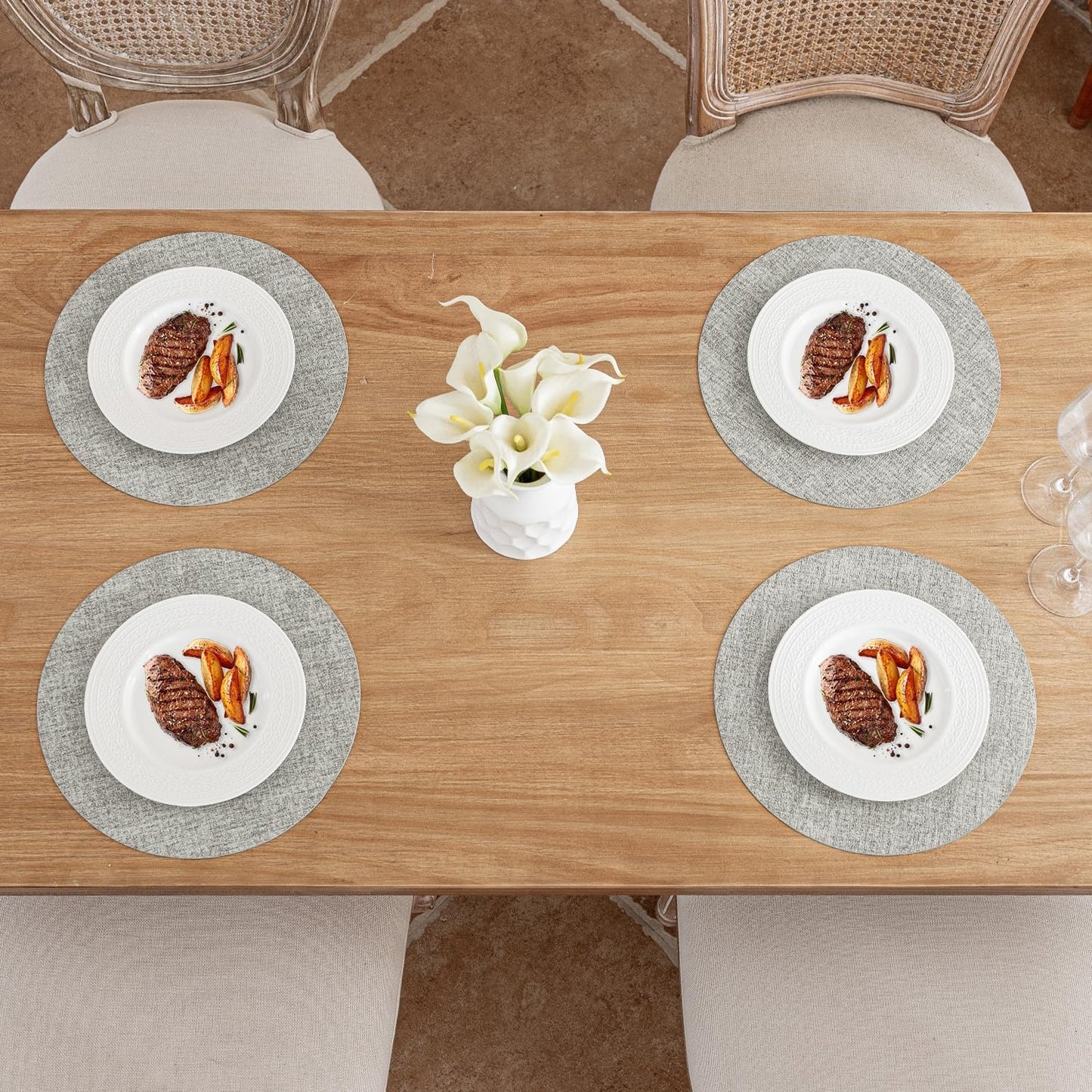 Polyurethane Linen-textured 100% Waterproof Oil-Proof Wipeable Heat Resistant Round Placemats Set in Light Grey