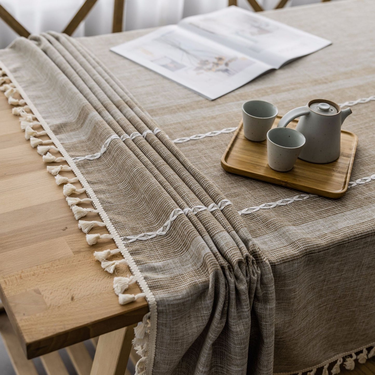 Cotton-Linen Blend Asymmetric Double Embroidery Striped Tablecloth in Coffee Brown