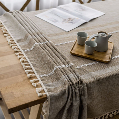 Cotton-Linen Blend Asymmetric Double Embroidery Striped Tablecloth in Coffee Brown