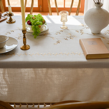 Polyester Embroidered Gold Bamboo Leaf Tablecloth