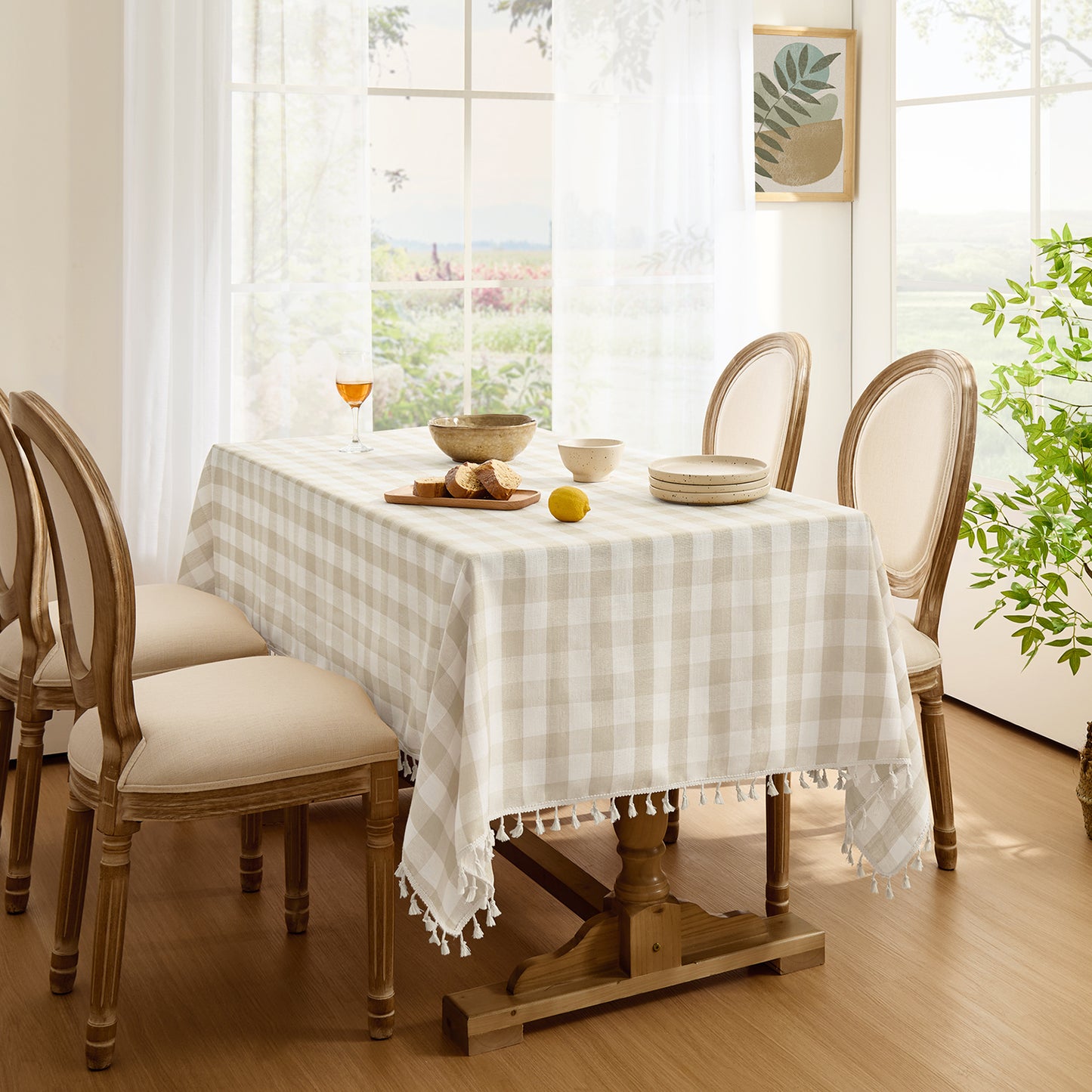 Wrinkle-Resistant Cotton Blend Classic Gingham Tablecloth with Tassels in Beige
