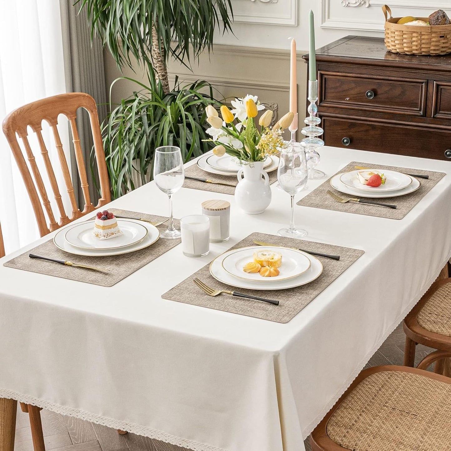 Polyurethane Linen-textured 100% Waterproof Oil-Proof Wipeable Heat Resistant Placemats Set in Khaki