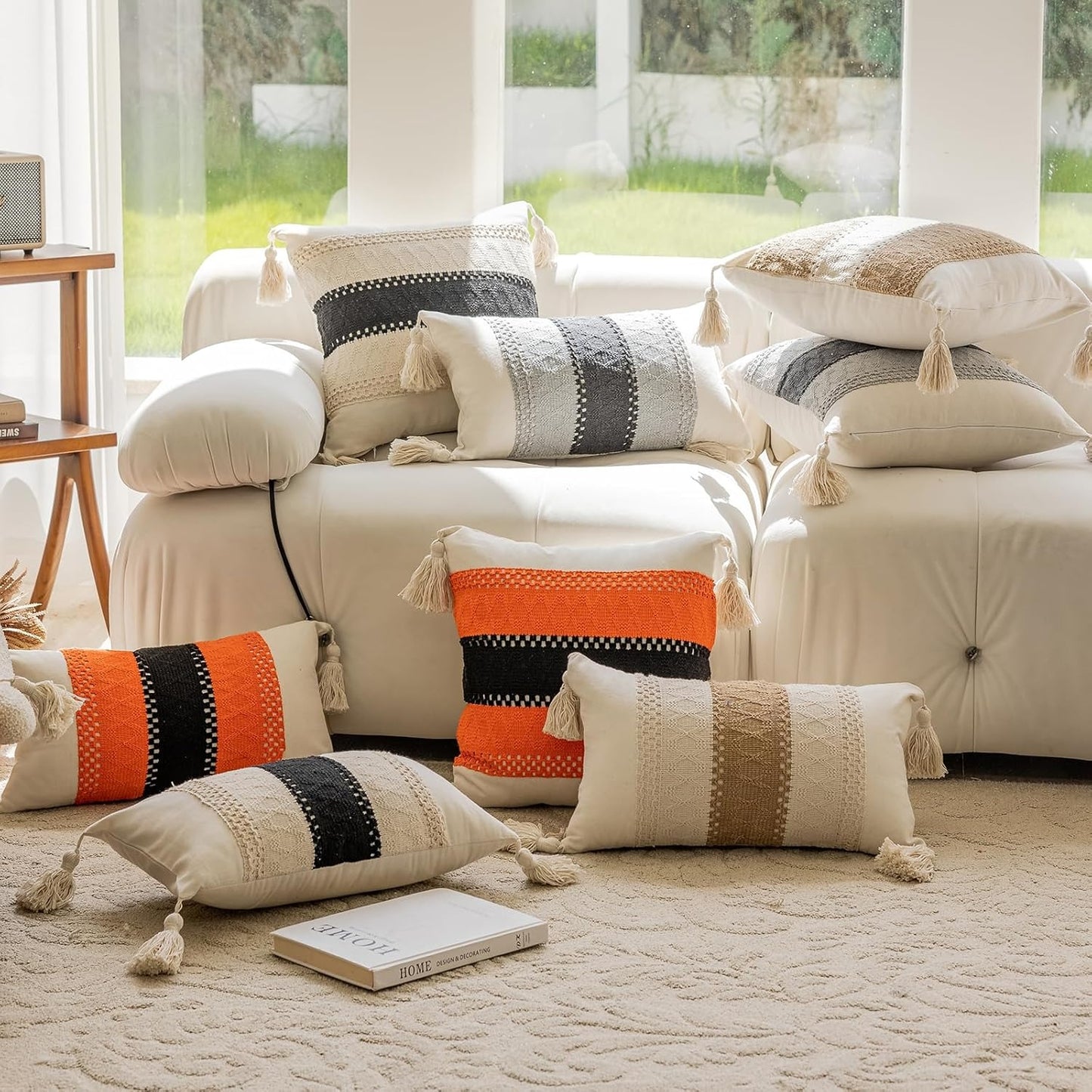 Bohemian neutral striped pillowcases with tassels