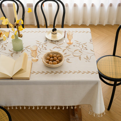 Polyester Embroidered Coffee-coloured Fan-shaped Leaf and Floral Tablecloth