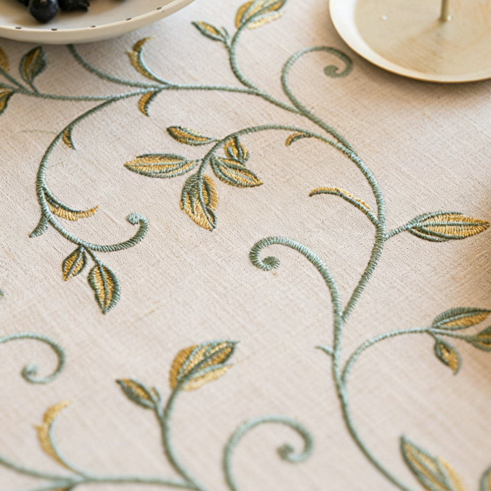 Polyester-Cotton Blend Embroidered Green Mimosa Tablecloth
