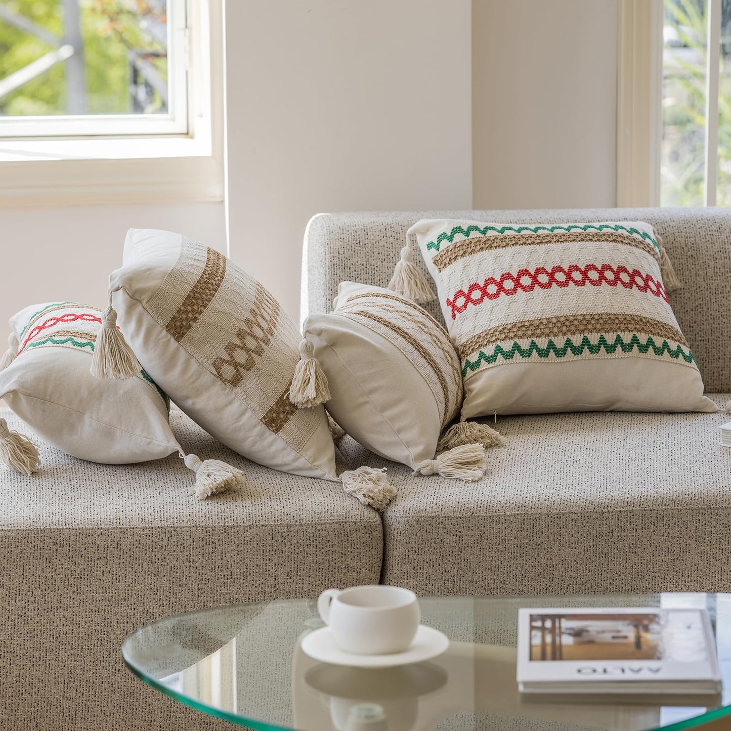 Bohemian neutral triple striped pillowcases with tassels
