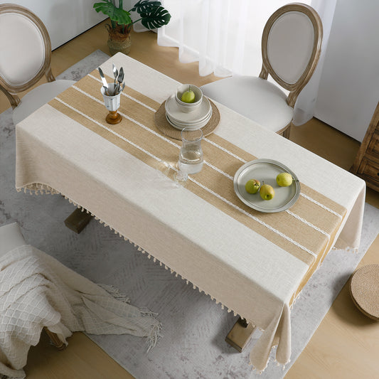 Wrinkle-Resistant and Waterproof Cotton Blend Tassel Tablecloth in Coffee Lines