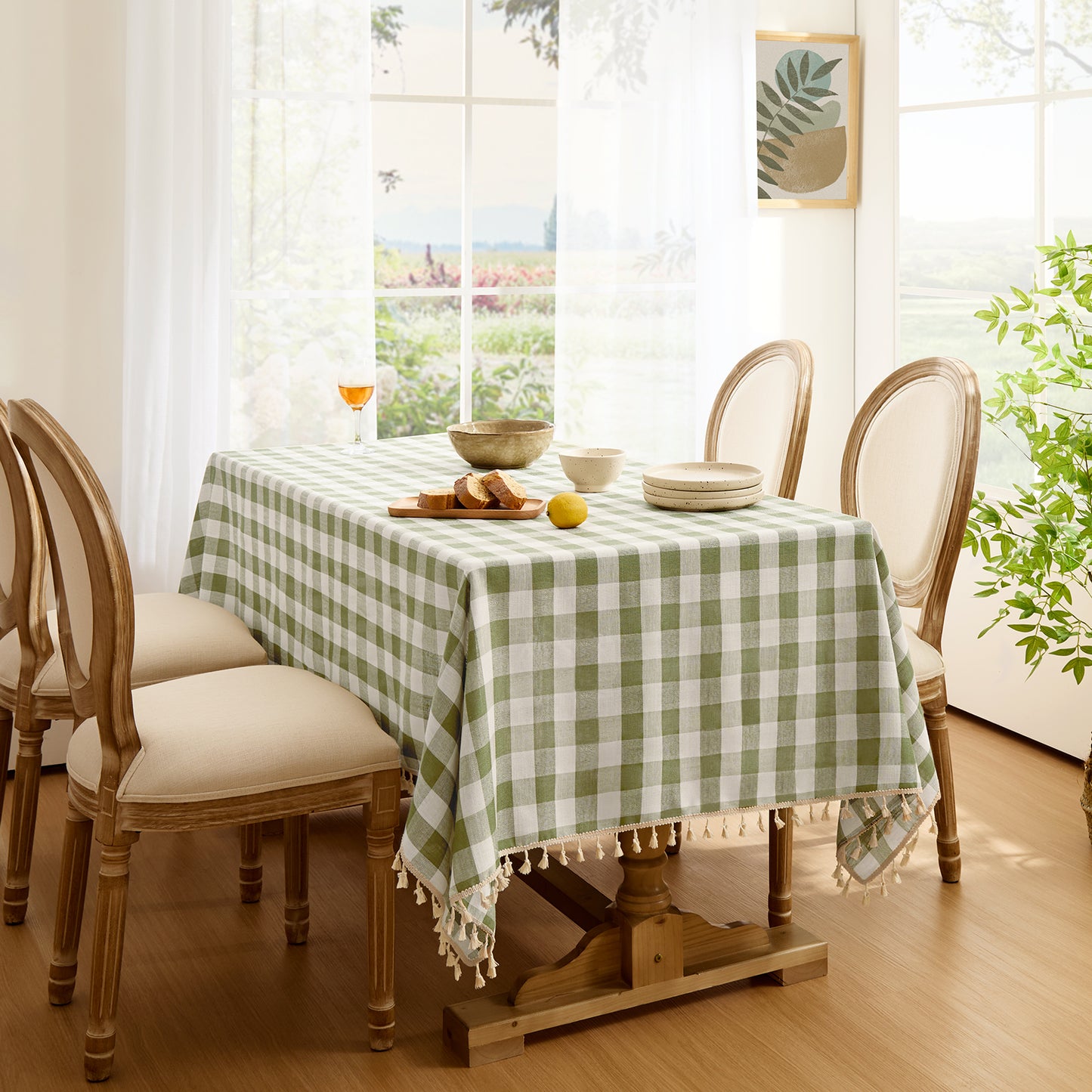 Wrinkle-Resistant Cotton Blend Classic Gingham Tablecloth with Tassels in Sage