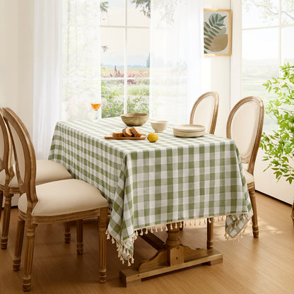 Wrinkle-Resistant Cotton Blend Classic Gingham Tablecloth with Tassels in Sage
