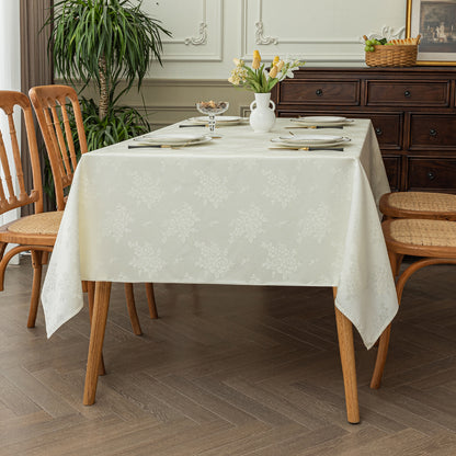 Polyester Jacquard Waterproof Elegant Damask Rose Floral Pattern Tablecloth in Ivory